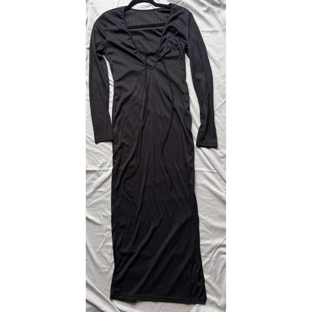 Black Ribbed Long Sleeve Maxi Dress Tie Front Cutout Bodycon Women Small
